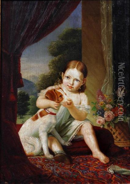 Younggirl And Her Dog Oil Painting - Antoine Chazal