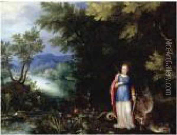 Saint Margaret And The Dragon In An Extensive River Landscape Oil Painting - Jan The Elder Brueghel