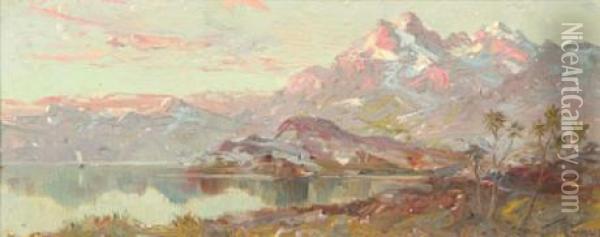 Mountain And Lake With Cabbagetrees Oil Painting - Joseph Gaut