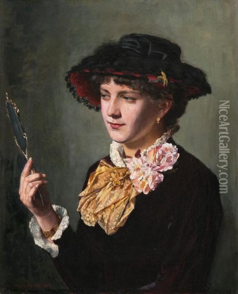 Woman With A Mirror Oil Painting - Arvid Liljelund