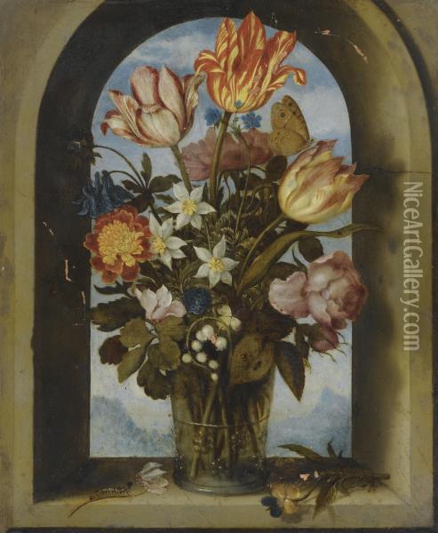 Still Life Of Tulips, Moss-roses, Lily-of-the-valley And Other Flowers In A Glass Beaker Set In An Arched Stone Window Opening, With A Distant Landscape Beyond Oil Painting - Ambrosius the Elder Bosschaert