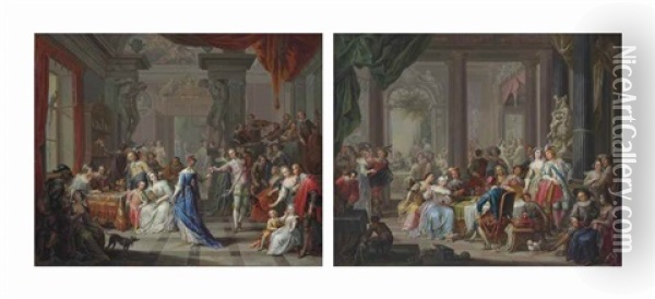 A Musical Banquet In A Palace; And Elegant Figures Dancing And Merrymaking In A Palace (pair) Oil Painting - Franz Christoph Janneck