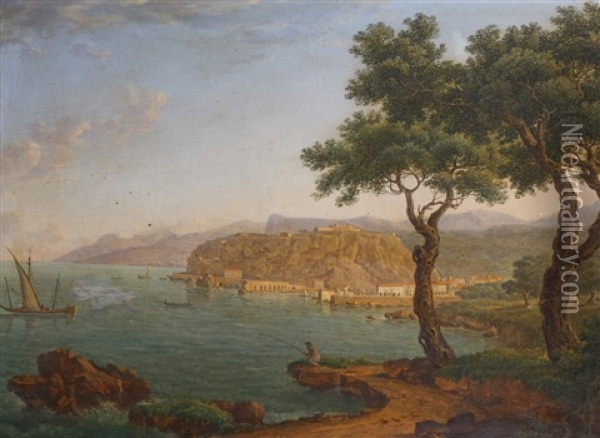 A Coastal Landscape With An Angler On The Shore, Fishing Boats And Other Vessels On The Water, And The Harbour Of Tropea (calabria) Beyond Oil Painting - Johann Jacob Mueller de Riga