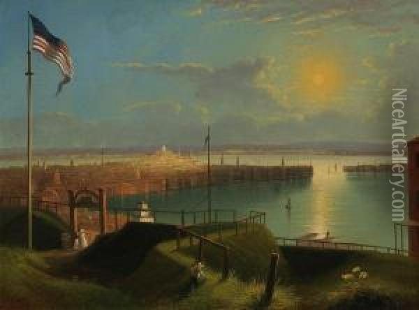 ''boston From The Dorchester Heights'' Oil Painting - Edmund C. Coates