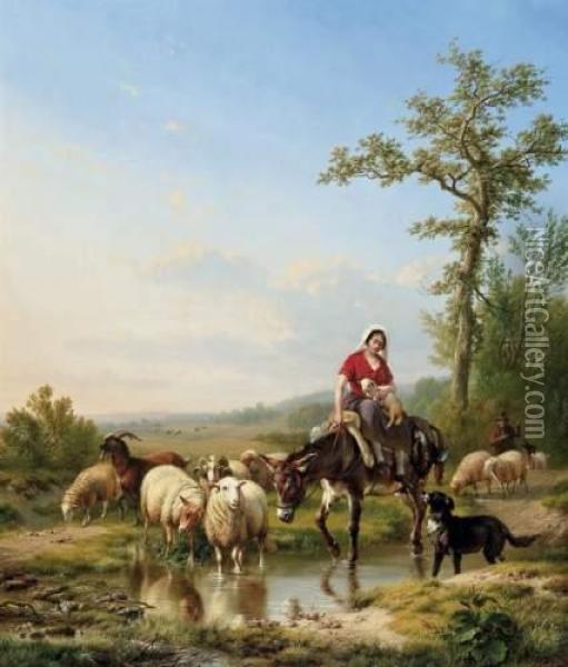 La Bergere Et Son Troupeau Oil Painting - Eugene Joseph Verboeckhoven