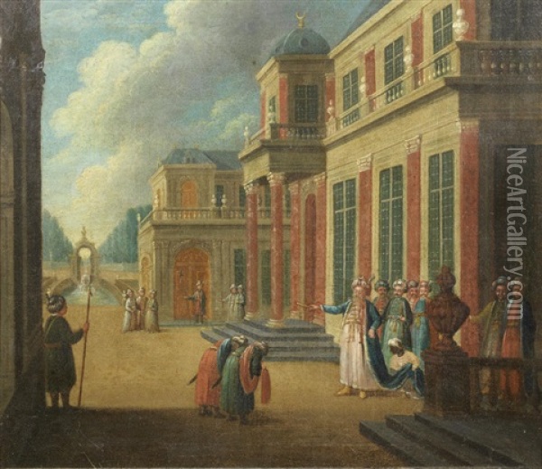 A Turkish Court Oil Painting - Jean-Baptiste Vanmour