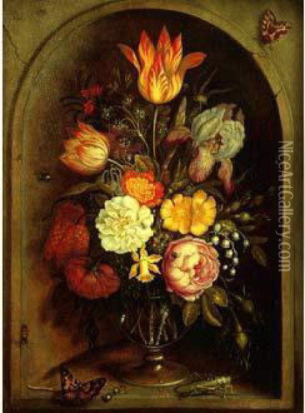 Nature Morte Au Vase De Fleurs Et Insectes Dans Une Niche Oil Painting - Johannes Bosschaert