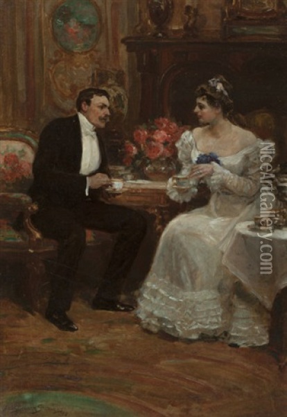 Seated Couple Having Tea Oil Painting - Alice Barber Stephens