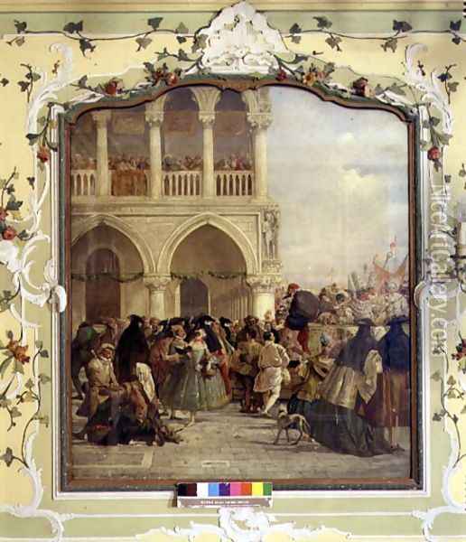 A Masked Ball in St. Marks Square at the Cafe Florian, Venice Oil Painting - V. Ponga