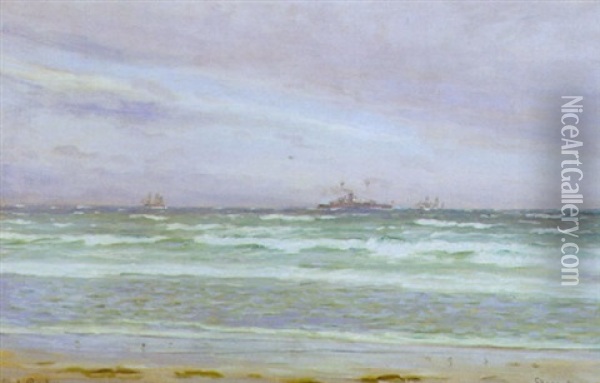Marine Med Krigsfartoj Og Sejlskibe Pa Havet Oil Painting - Carl Ludvig Thilson Locher