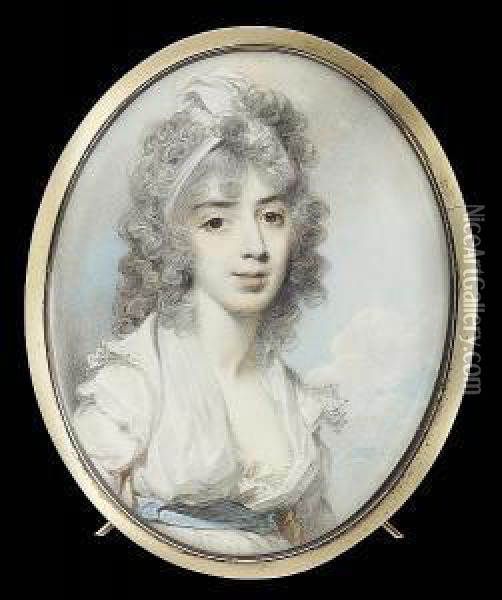 Mrs Samuel Stephens, Seated 
Wearing White Dress With Open Fichu, Frilled Shoulder Caps And Pale Blue
 Waistband, A White Open Turban In Her Long Curled Powdered Hair Oil Painting - George Engleheart