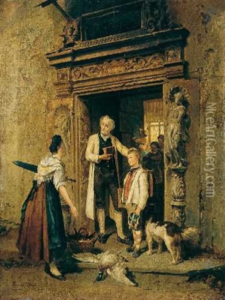 Lehrer Mit Einem Schuler Und Dessen Mutter Vor Dem Klassenzimmer Oil Painting - Theodore Gerard
