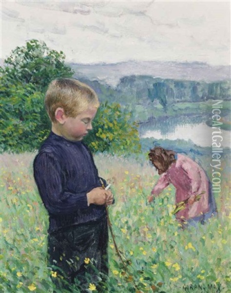 Children Picking Flowers By The River Oil Painting - Leon Giran-Max