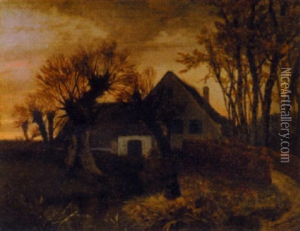 Fischer In Spatabendlicher Landschaft Mit Haus Oil Painting - Jean Pierre Francois Lamoriniere