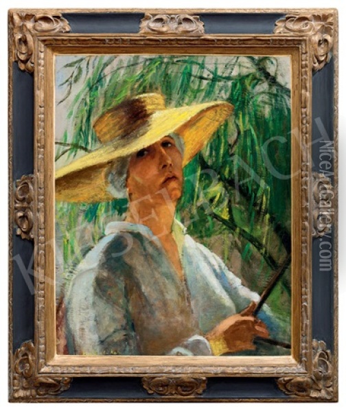 Self-portrait In A Yellow Hat Oil Painting - Katalin Hindi Szabo