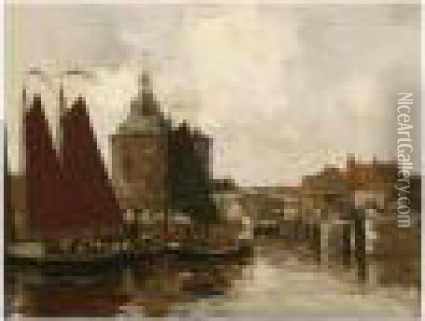 A View Of The Drommedaris, Enkhuizen Oil Painting - Willem George Fred. Jansen