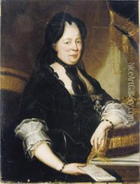 Portrait Of Empress Maria 
Theresa Of Austria, Seatedthree-quarter-length, In A Black Dress, 
Holding A Letter Oil Painting - Martin II Mytens or Meytens