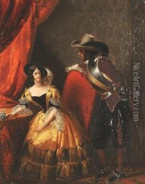 The Duc And Duchesse Of Dino Preparing For Mardi Gras Masqued Ball. Oil Painting - Claude-Marie Dubufe