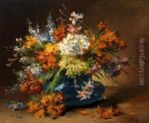 Still Life Of Flowers In A Blue Vase Oil Painting - Edmond Van Coppenolle