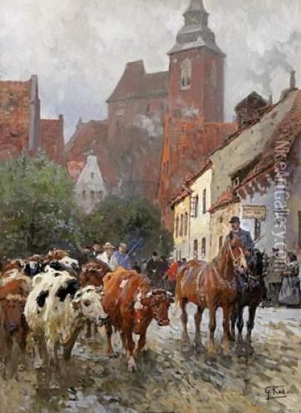 On The Way To The Cattle Market Oil Painting - Georg Karl Koch