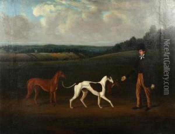 Extensive Landscape With Gentleman And Greyhounds Coursing In Foreground Oil Painting - Charles Weaver