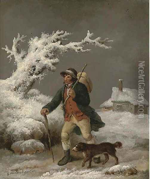 A cottager and his dog in a winter landscape Oil Painting - George Morland