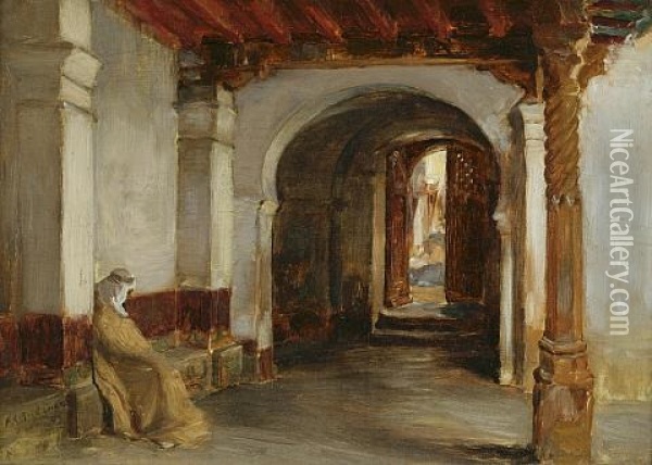 Small Entrance To The Mosque De La Pecherie, Algiers Oil Painting - Frederick Arthur Bridgman