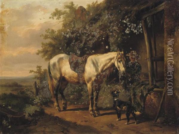 By A Farmhouse Oil Painting - Wouterus Verschuur