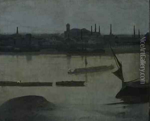 A Grey Day Battersea Oil Painting - Walter Greaves
