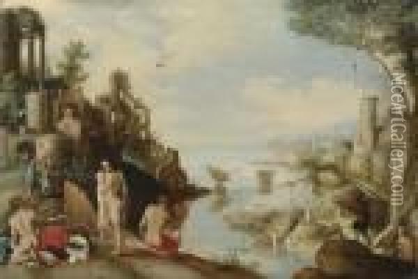 A Capriccio Landscape With Men Bathing Near A Harbour Oil Painting - Willem van, the Younger Nieulandt