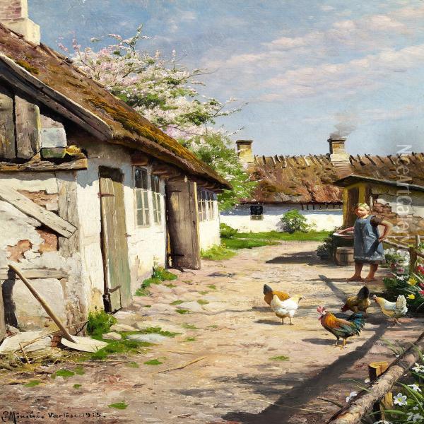 Spring Day With A Little Girl Feeding The Chickens Oil Painting - Peder Mork Monsted