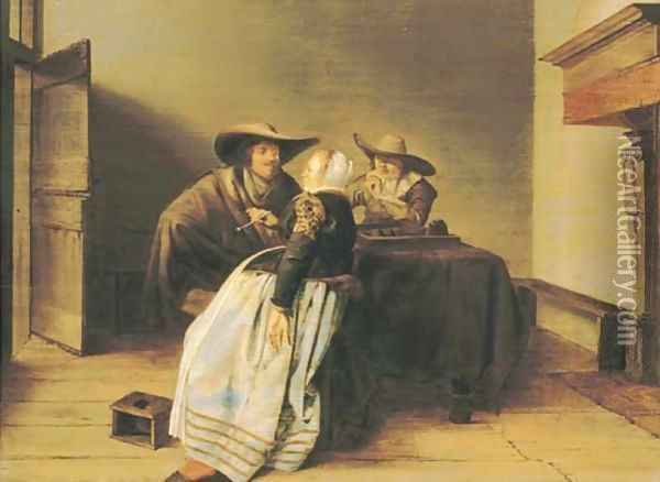 An interior with two soldiers and a lady Oil Painting - Pieter Codde