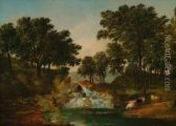 Cattle Watering Near A Waterfall Oil Painting - Alfred Vickers