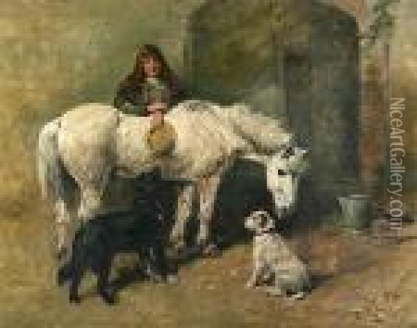 A Girl With Her Horse And Two Dogs At The Stable Oil Painting - John Emms