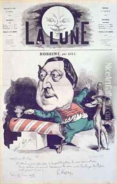 Front cover of La Lune magazine featuring a caricature of Rossini with a message and autograph of the composer Oil Painting - Andre Gill