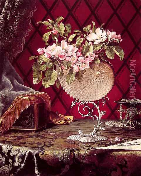 Still Life with Apple Blossoms in a Nautilus Shell Oil Painting - Martin Johnson Heade