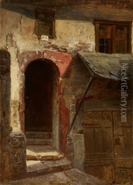 Architectural Study With A House Entrance And Cellar Entrance Oil Painting - Andreas Achenbach