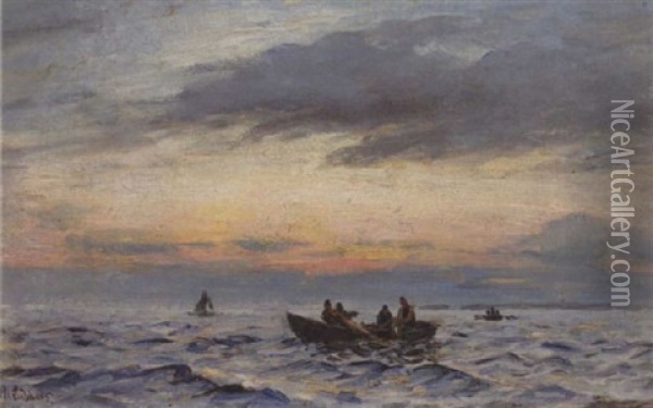 Fiskere Traekker Garn, Agger Oil Painting - Holger Luebbers