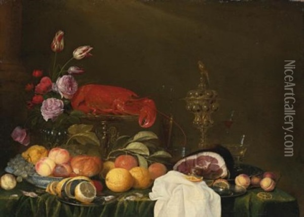 Still Life With A Vase Of Roses And Tulips, A Ham On A Pewter Plate, Glassware, A Lobster And Fruit On A Ledge Oil Painting - Andries Benedetti