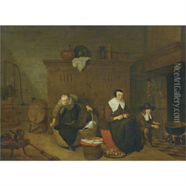 An Interior With A Woman Peeling Turnips Oil Painting - Quiringh Gerritsz van Brekelenkam