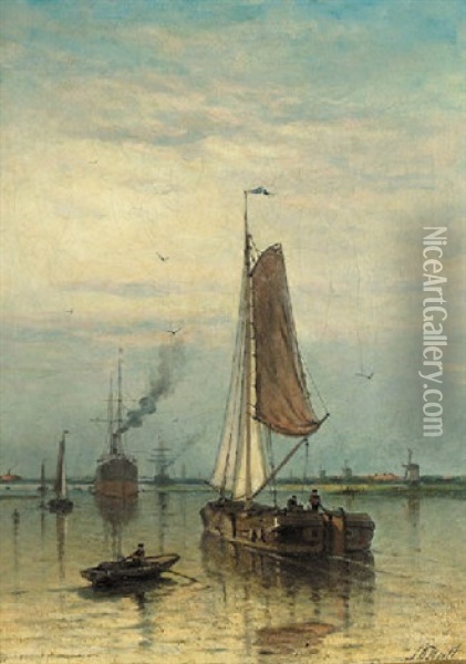 Shipping On A River, A Steel Bridge On The Horizon Oil Painting - Johan Adolph Rust