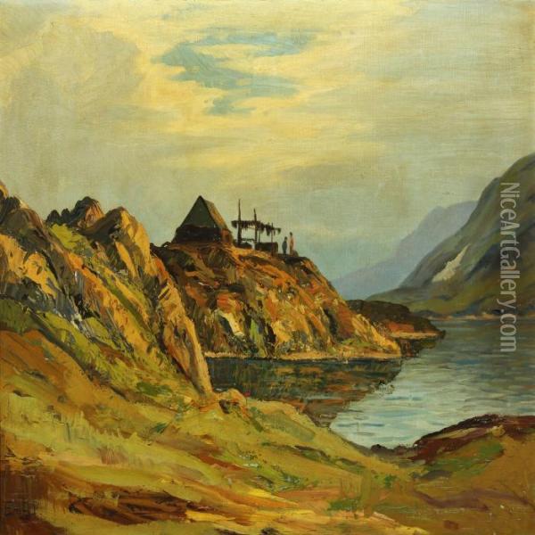 Greenlandic Landscape With Sealers By House Oil Painting - Emanuel A. Petersen