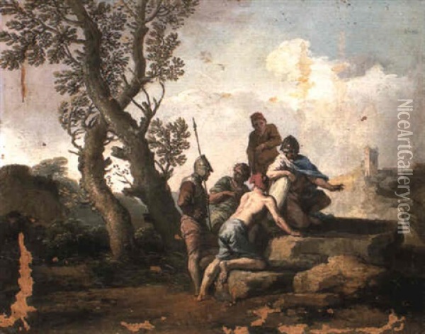 Soldiers And Travellers Conversing On The Bluff Of A Hill Oil Painting - Andrea Locatelli