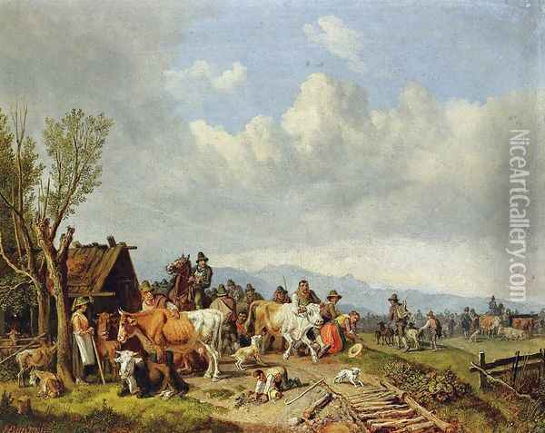 The Village Cattle Market Oil Painting - Heinrich Burkel