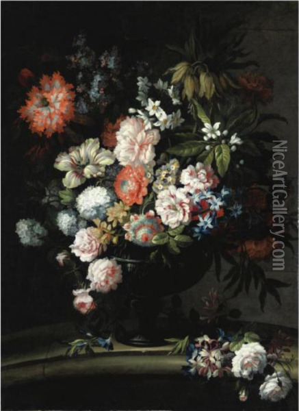 Natura Morta Con Rose Centifolia, Peonie, Anemoni, Lilla E Papaveroin Un Vaso Oil Painting - Antoine Monnoyer