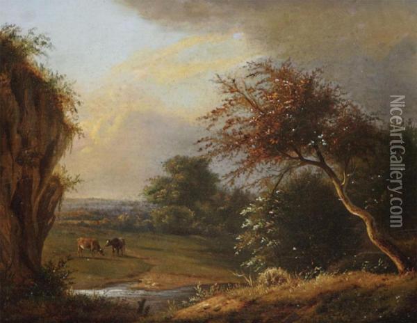 Cows In The Meadow Near The Water Oil Painting - Jean-Baptiste Davelooze