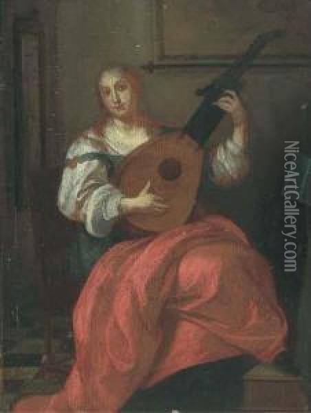 A Lady Playing A Lute In An Interior Oil Painting - Pieter De Hooch