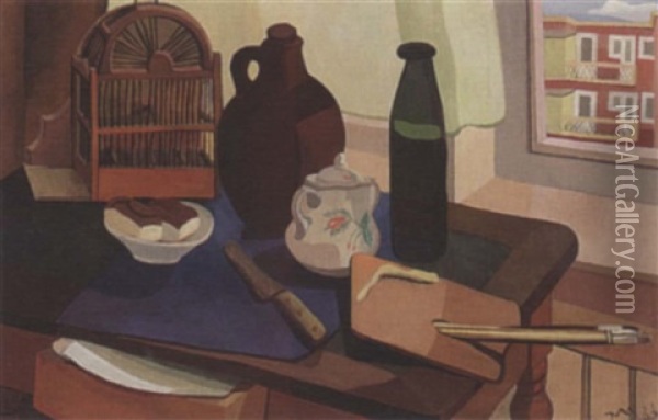 A Still Life With Bottles, Bread And Brushes Oil Painting - Hans Van Mastenbroek