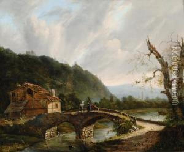Mountain Landscape With Figures On A Bridge Oil Painting - Jacobus Hendricus J. Nooteboom