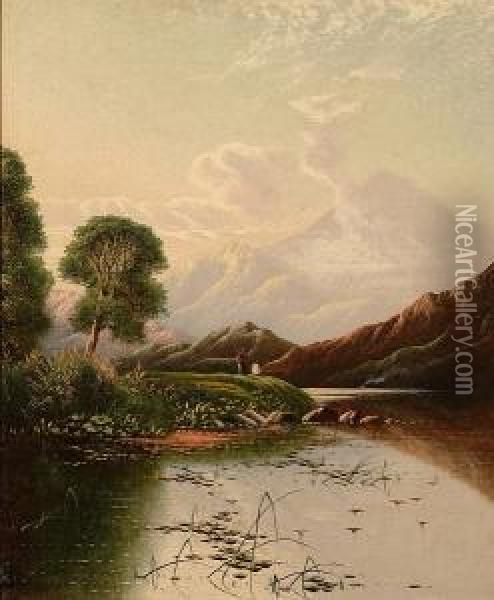 Fishing Below The Mountains. Oil Painting - Henry Boddington